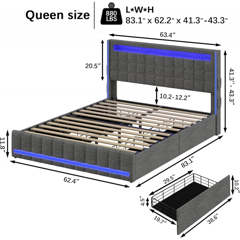 Upholstered Queen Size Bed Frame with 4Storage Drawer,RGB LED Light,Charging Station,Adjustable Headboard,Slats Support,No Box S