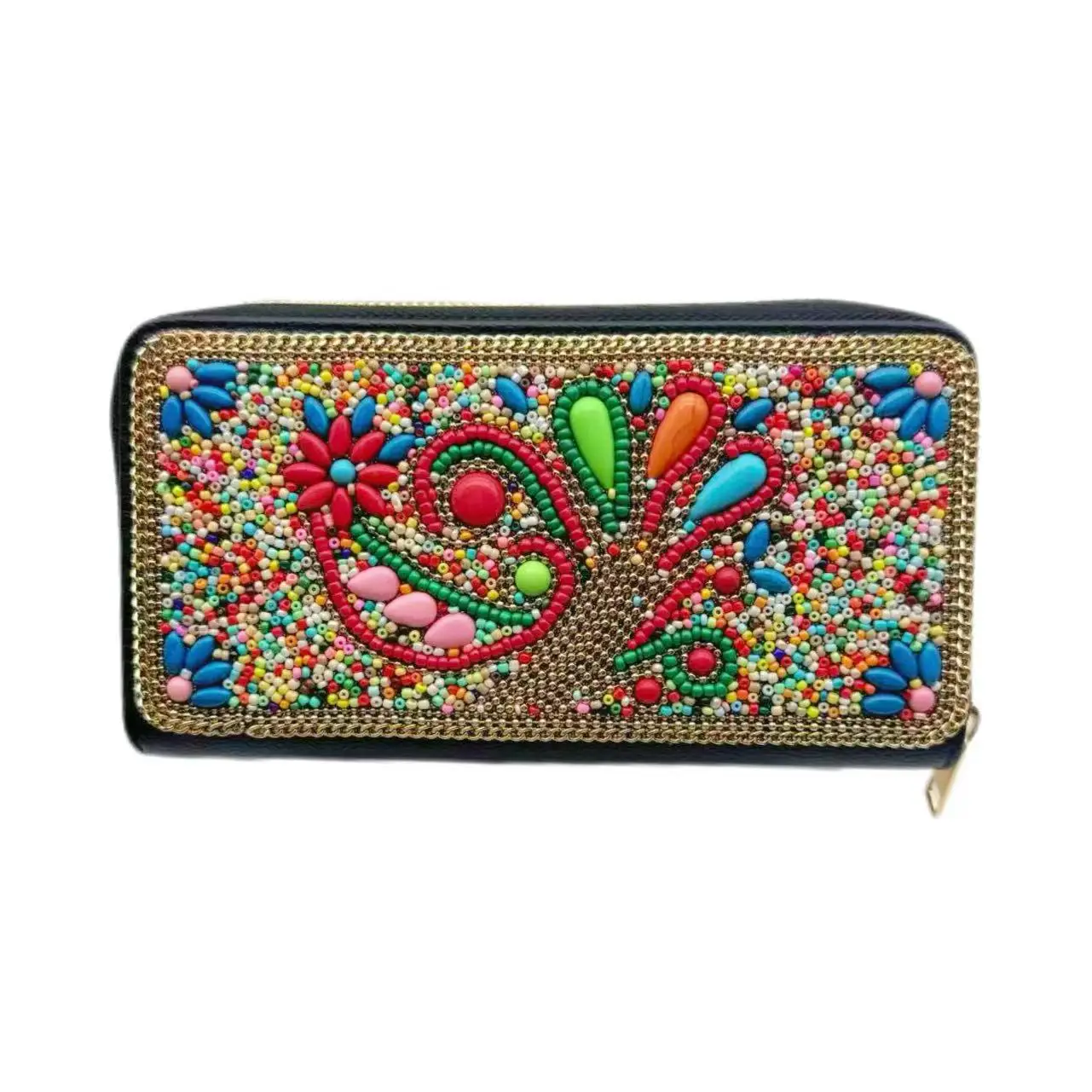 

Контур золотого спирального узора Красочная вышивка бисером узор пейсли Красные цветочные акценты Длинный кошелек на молнии