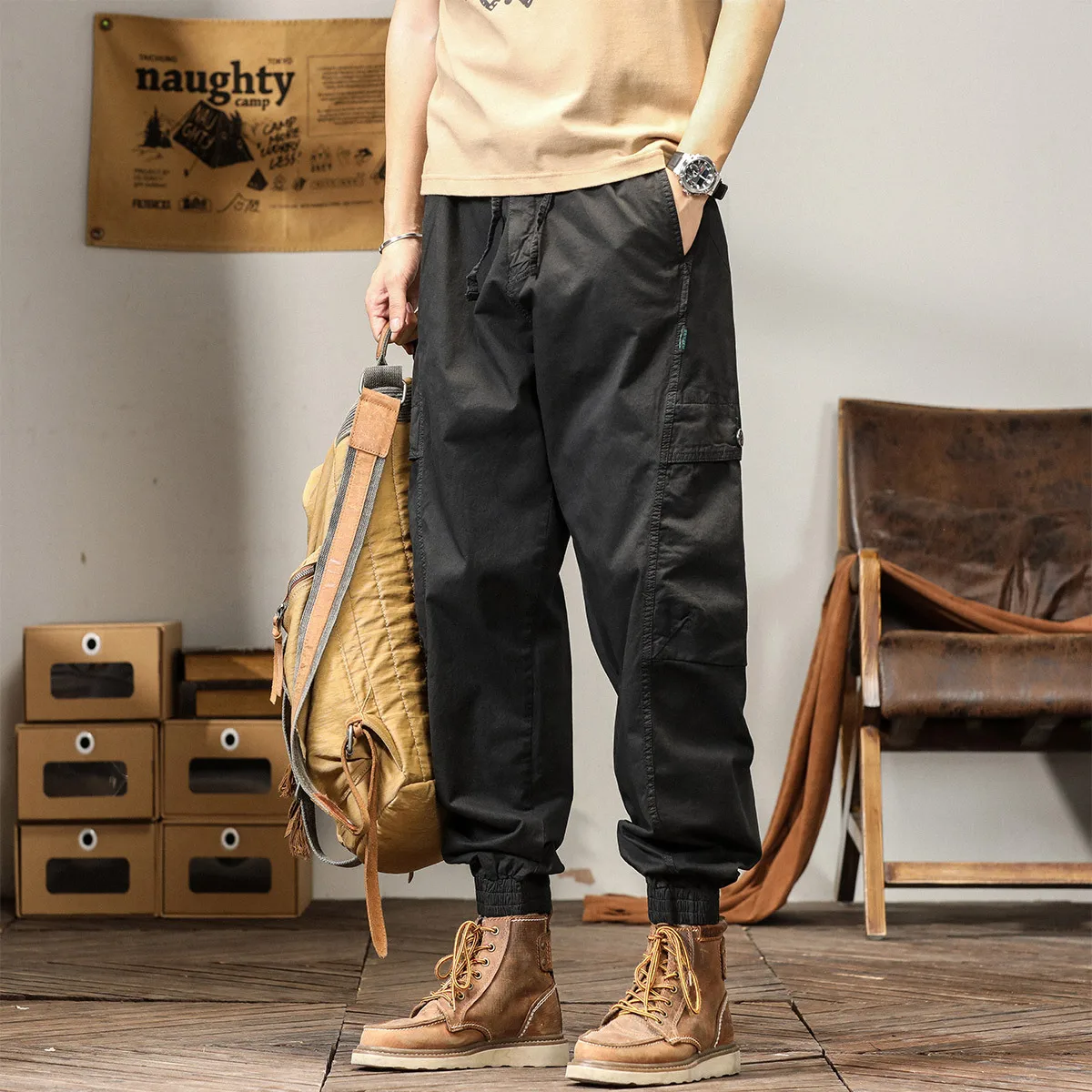 Japanese Style Spring Autumn Fashion Men's Solid Color Plus Size Loose Casual Trendy Spliced Cargo Trousers Male Pants Clothes