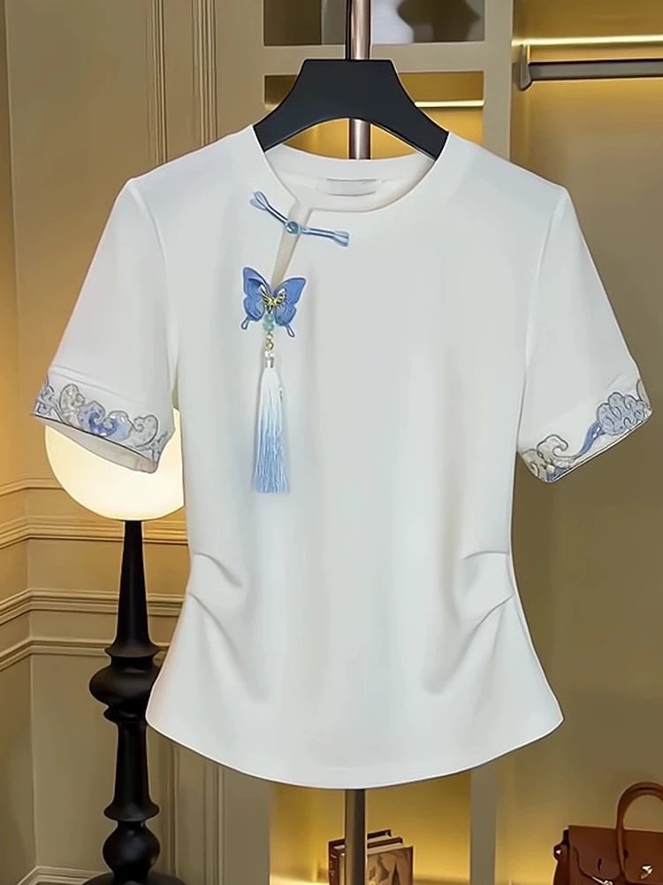 New 2024 Summer slim T Shirt Women Chinese Style Short Sleeve White Color tassel bow Embroidery T-shirt Women Hot Sale clothes