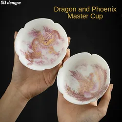 2024 Dragon Year High Grade Sheep Fat Jade White Porcelain Tea Bowl Dragon and Phoenix Cup Paint in Gold Master Pu'er Tea Cup