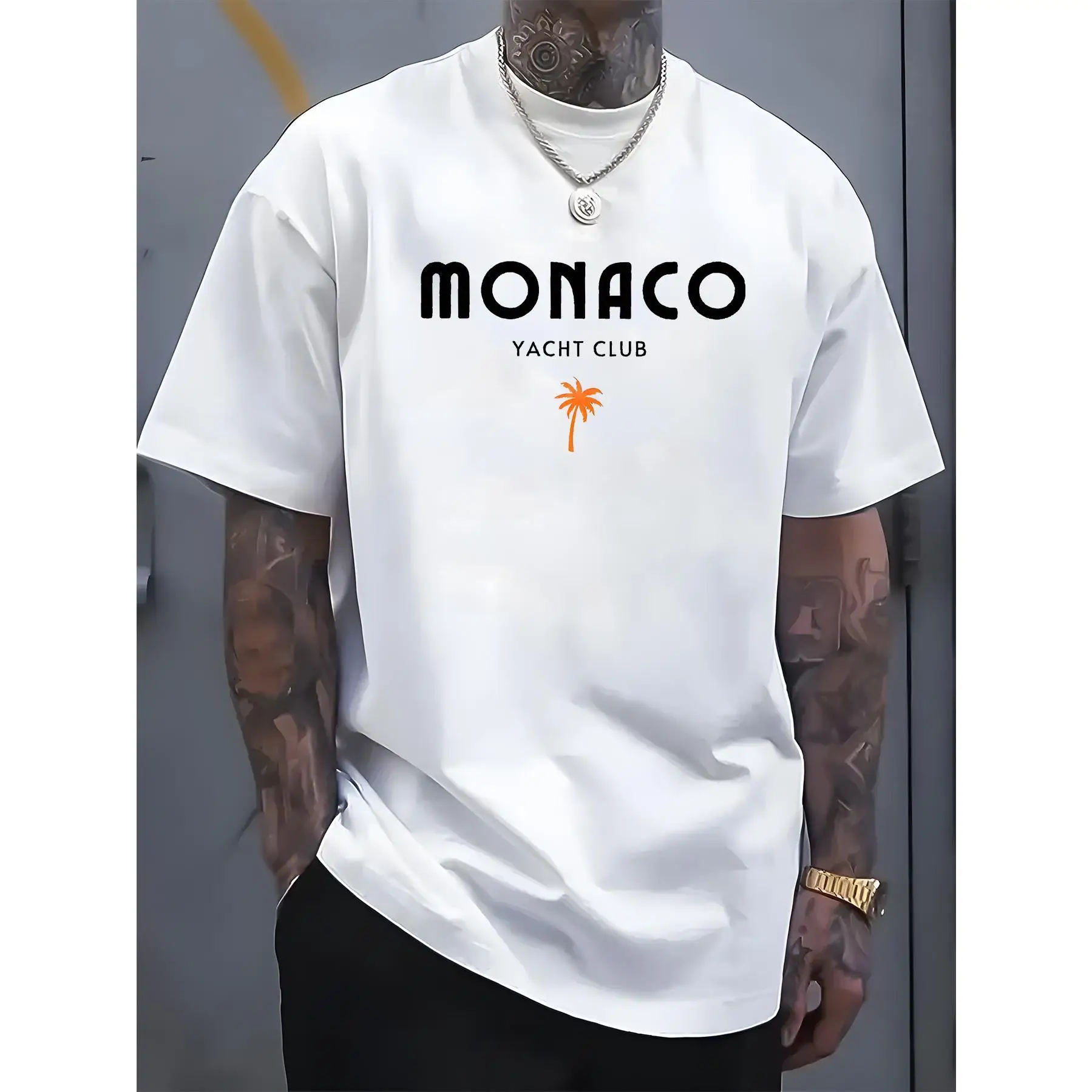 

Monaco Yacht Club Pattern Tops for Mens Palm Tree Graphic Tees Short Sleeve Casual Cotton T Shirts