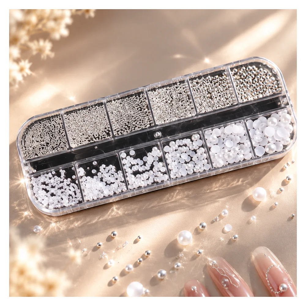 12 Gitter Weiße Halbrunde Perlen Nagelkunst-Dekoration Gemischte Größen Silber Gold Mini Stahlkugel Nieten Strass Nagelzubehör – Detail 2