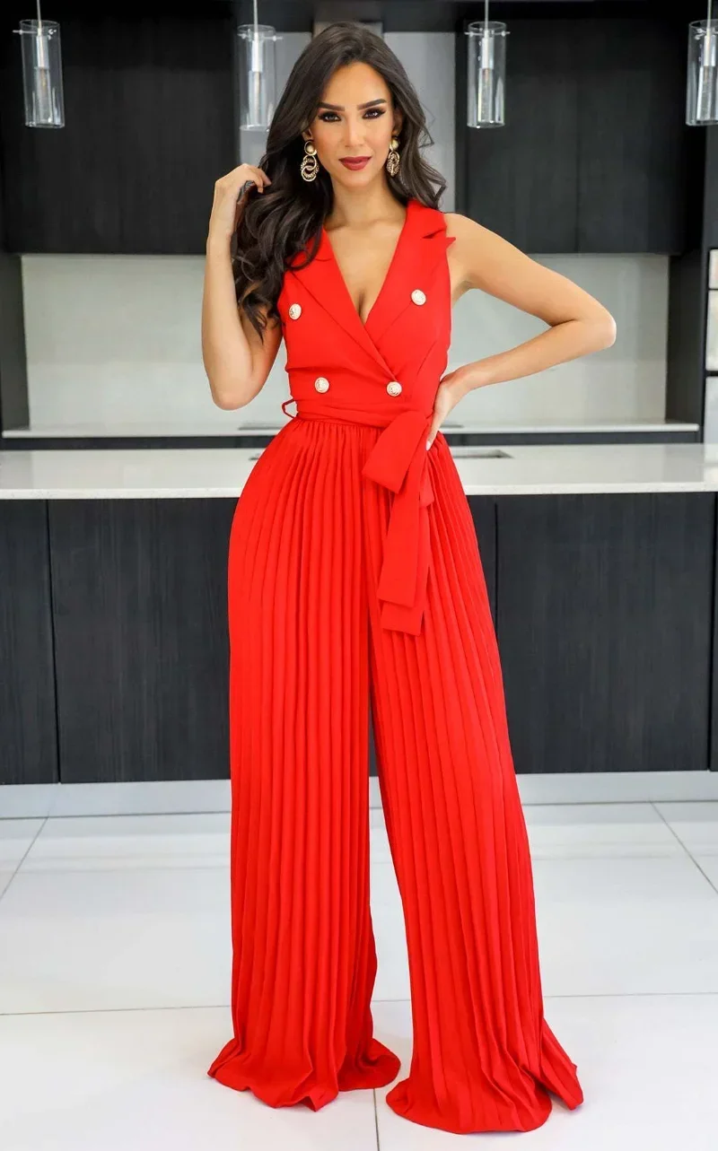 

KEXU Pleated Loose Wide Leg Straight Wrap Notched Neck Sleeve Women Jumpsuit 2024 Blazer Style Playsuit One Piece Suit Romper