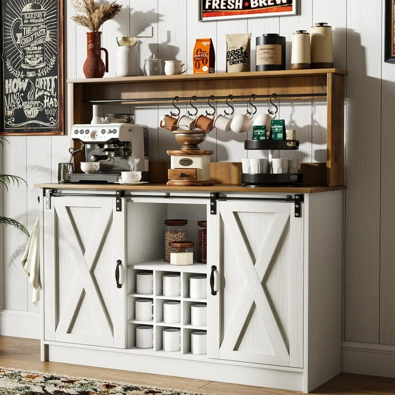 

Coffee Bar Cabinet with 9 Wine Racks and 6 Hooks, 47 Inch Coffee Bar Cabinet with Storage, White Kitchen Coffee Cabinet