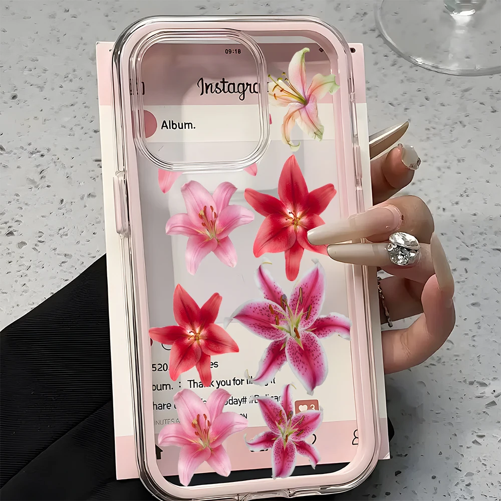 Pink Lily Pattern 2in1 Clear Phone Case For Samsung Galaxy S26 Ultra S25 S22 S23 FE S24 Plus A57 A37 A55 A54 A36 A35 A16 Cover