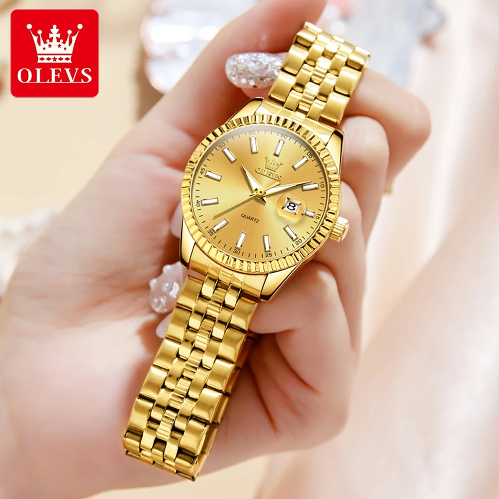 OLEVS-Montre de couple de luxe originale pour hommes et femmes, bracelet en acier inoxydable doré, montre à quartz, cadeau amoureux romantique