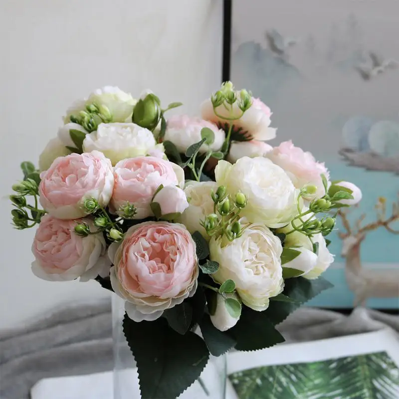 1pcs/30cm Rose Pink Silk Bouquet Peony Artificial Flower 5 Big Small Bud Bride Wedding Home Decoration