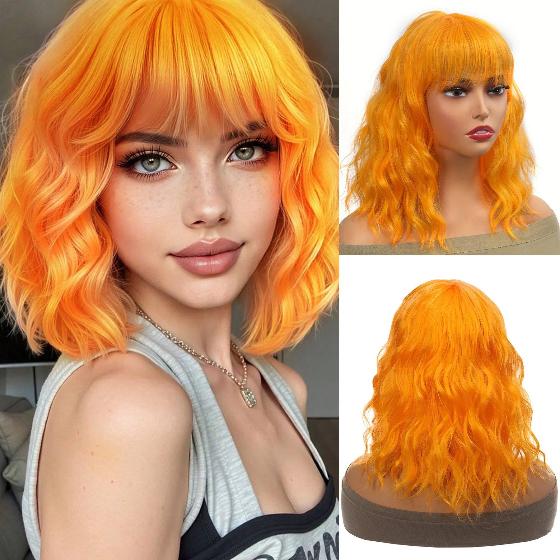 

DOLL Light Blonde Bob Wave Synthetic Wig Short Ginger Yellow Hair Wigs with Bangs for Women Natural Lolita Daily Fake Hair Party