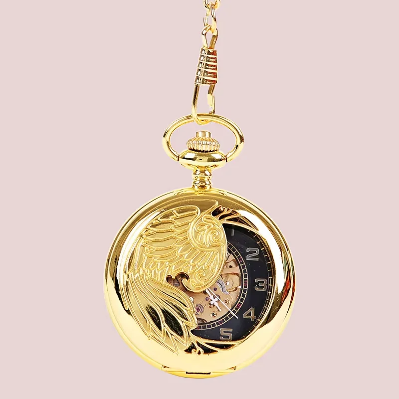 

8958Luxury Golden Pocket Watch Retro Perspective Skeleton Gold Phoenix Pattern Case Hollow Dial Pendant Fashion Value Gift Table