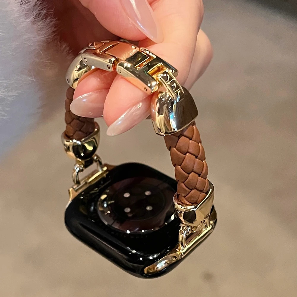 

Роскошный ромбовидный кожаный ремешок для Apple Watch 10 8 9 SE 7 Ultra, женский золотой металлический браслет для iWatch 45 42 46 49 41