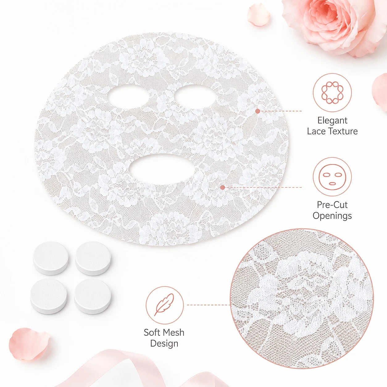 6pcs Set （2 Lace Sheets and 4 Compressed Mask Tablets） for Beauty Routine view 2