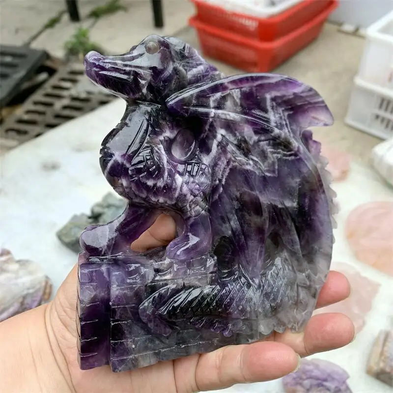Natural Dream Amethyst Dragon Goods Carving Statues Stone Healing Fengshui Home Decoration Accessories 1PCS