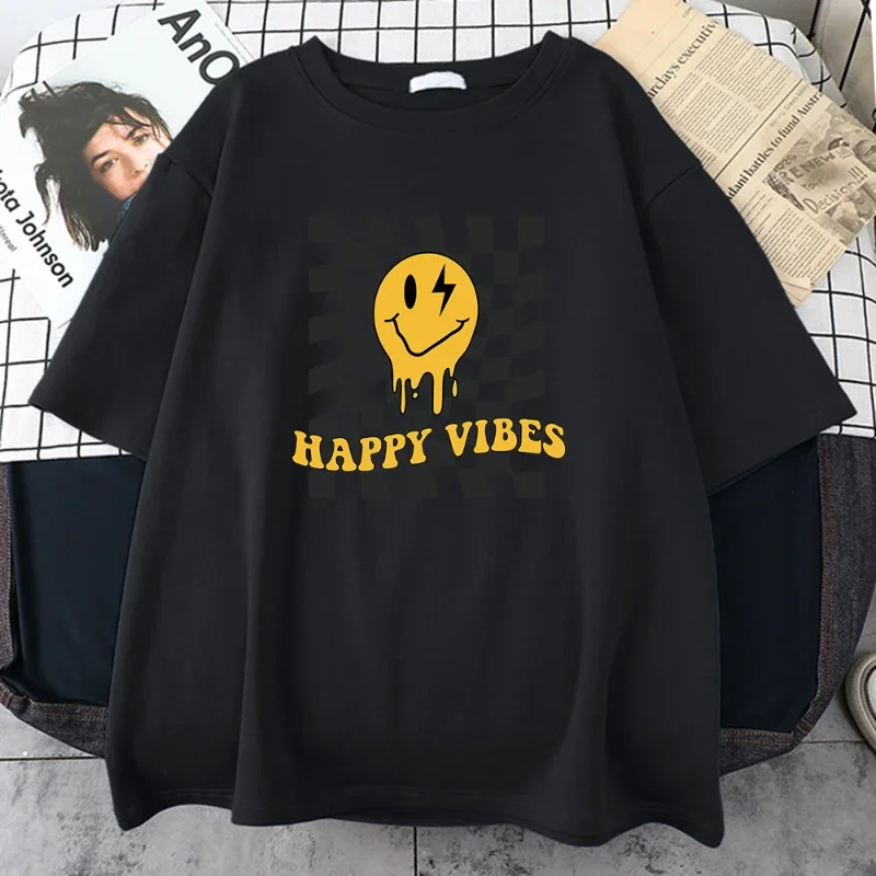 Happy Yellow Ghost Face Pattern T-Shirt Women Street Summer Oversize Tops Cotton Tee Clothes Oddychająca koszulka na co dzień