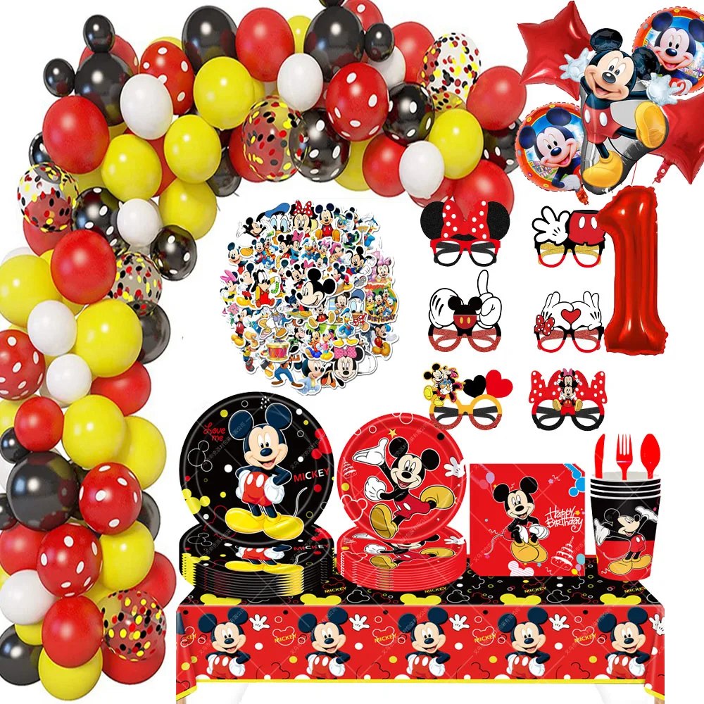 Fournitures décoratives de fête d'anniversaire Mickey Boy rouge, vaisselle jetable, assiettes, tasses, serviettes, support pour décorations de réception-cadeau pour bébé