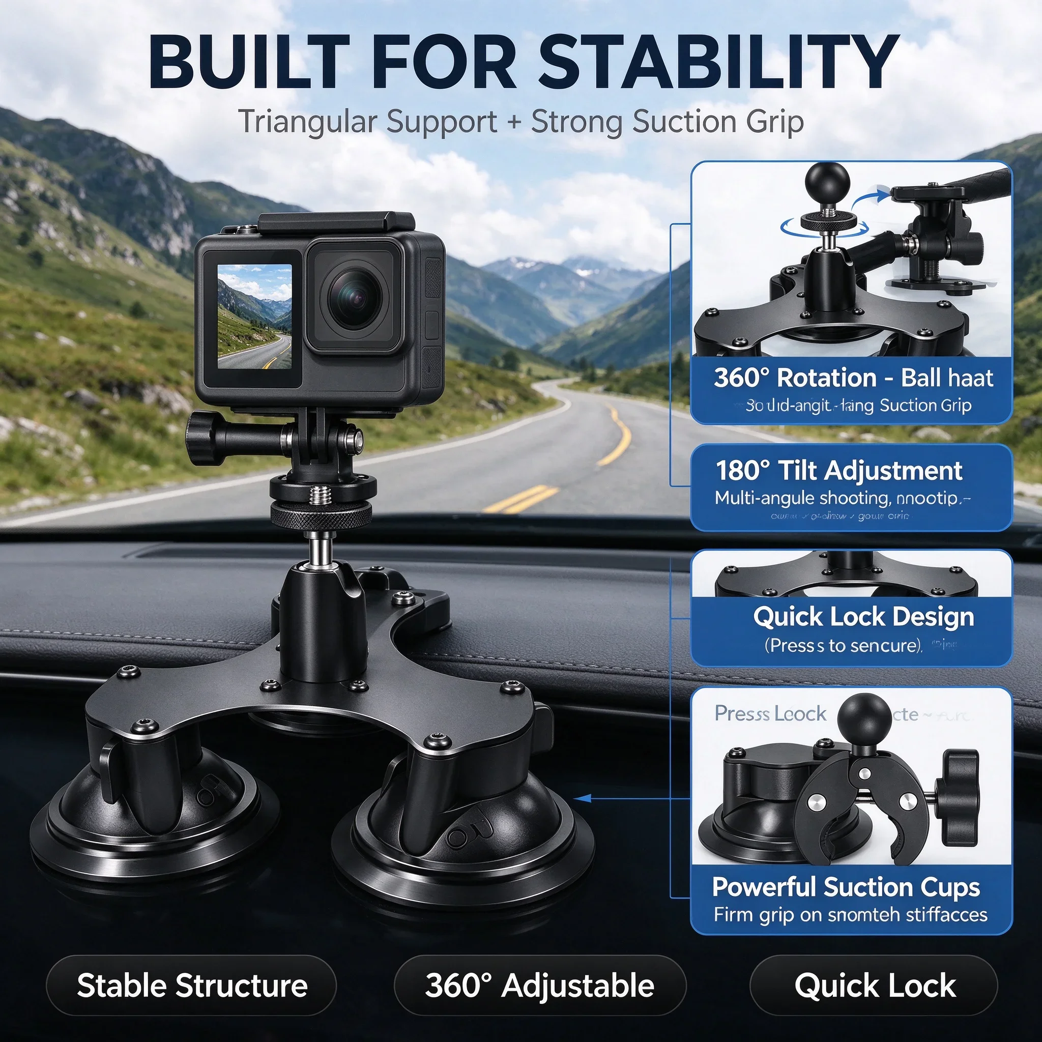 Triple Suction Cup Car Camera Mount 5 in 1 Telescopic Selfie Stick 360° Bracket for GoPro Mount Kit 45inch Action Cam Vlog