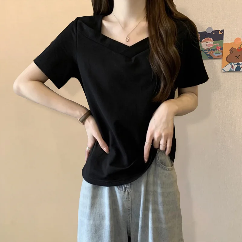 V-neck Loose Casual T-shirt Women Slim Kpop Y2K Tee Shirt Femme Sexy Vintage Summer Tshirts Woman Black Casual Clothes Tops image 3