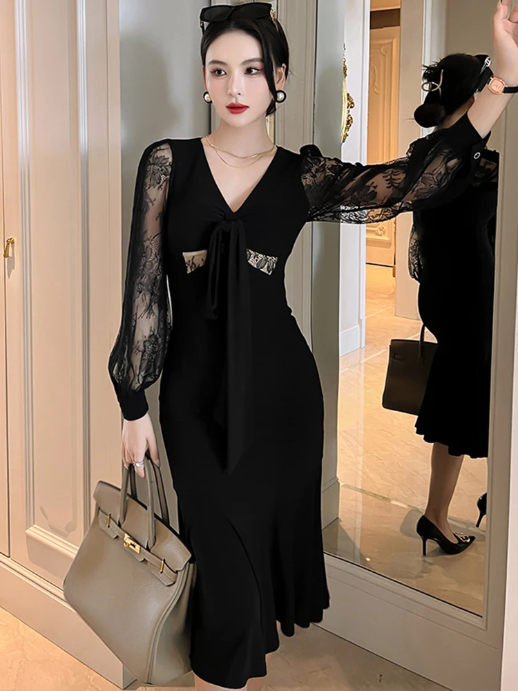 Vestidos de festa vintage elegantes para mulheres chique preto perspectiva renda retalhos fishtail robe bandagem arco manga longa vestido de baile