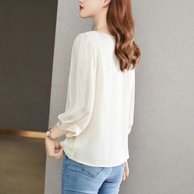 Round Neck Three Quarter Summer Women's Pullover Solid Color Paisley Sweet T-shirt Casual Loose Elegant Fashion All-match Tops