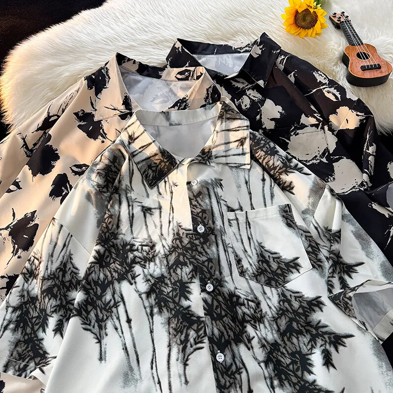 New Ink Halo Shirt Short-sleeved Men's Summer Ice Silk Shirt Oversized Loose Beach Shirt Hawaiian Holiday Tops