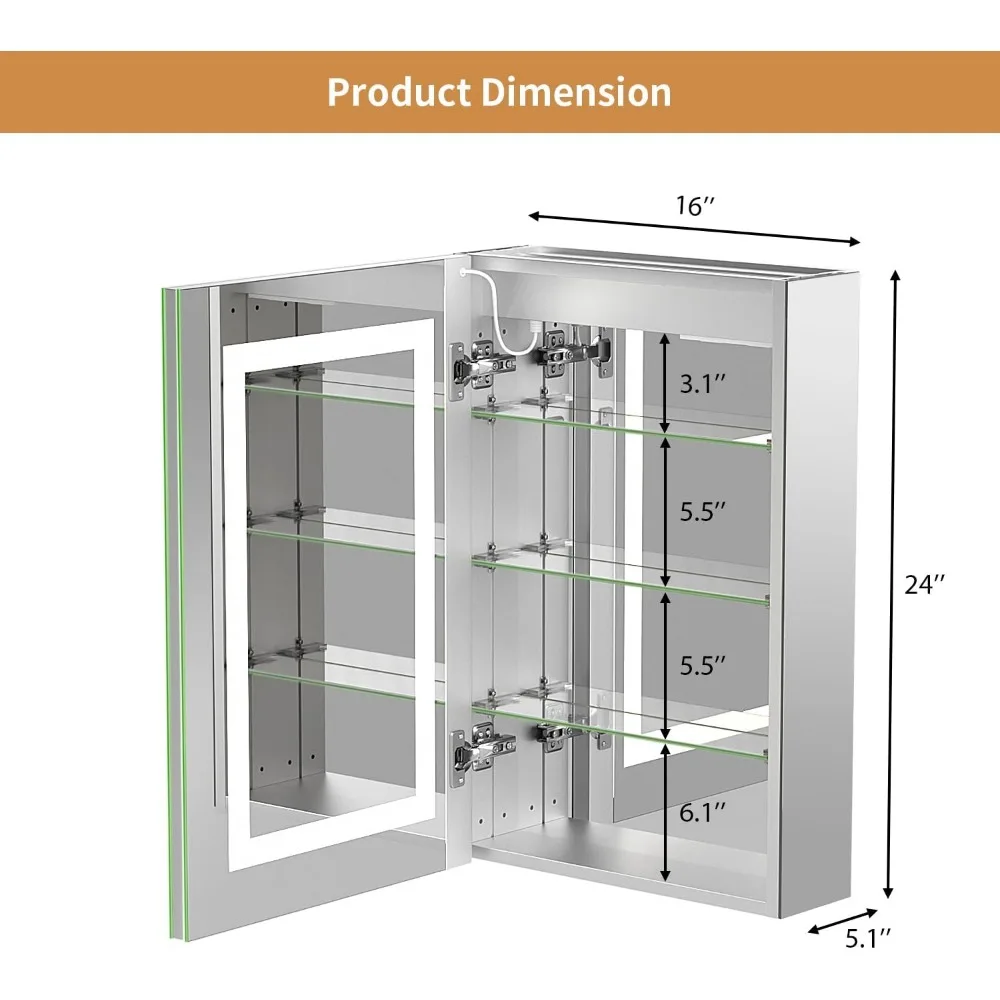 Зеркальный шкаф для лекарств и розетка, встроенный или настенный шкаф для хранения в ванной комнате, 3 цвета и функция памяти, 16x24 дюйма