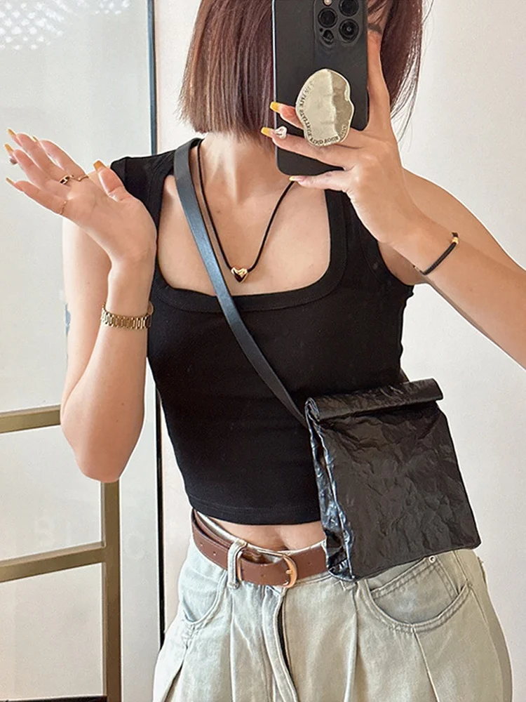 

2025 New Women's PU Leather Waterproof Dark Style Paper Texture Pleated Fold-Over Crossbody Bag/Mobile Phone Bag/Shoulder Bag