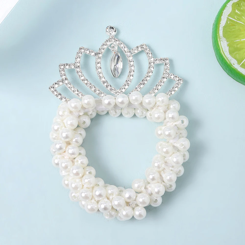 Rhinestone Crown Pearl Scrunchie Hair Tie Cute Bun Hair Rope for Girls High-End Light Luxury Princess Hair Accessories