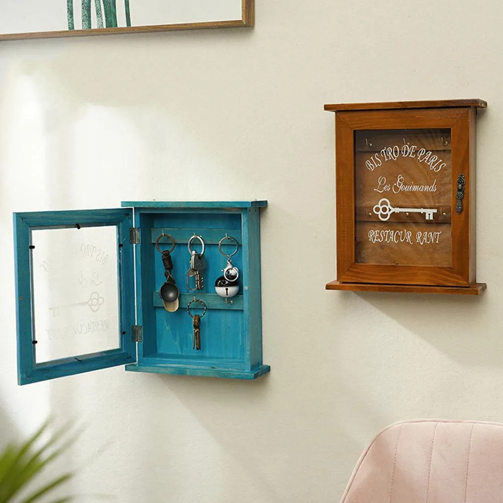 

Wooden Key Storage Cabinet with Hanging Hooks Key Holder Wall Mounted Box Home Decoration Brown Blue