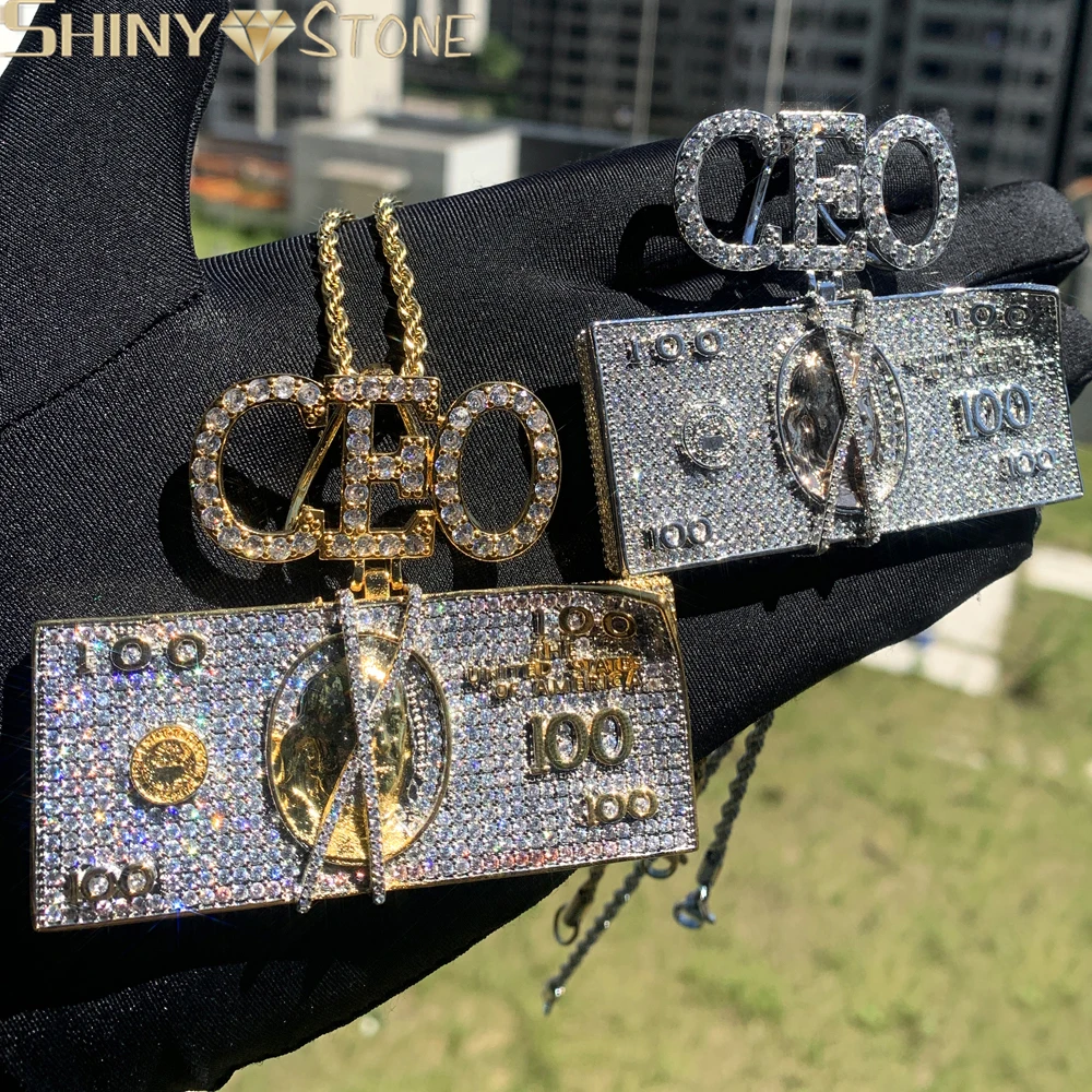 New Iced Out Bling Hip Hop Letters CEO Money Us Dollar Cash Pendant Necklace Gold Color Cubic Zirconia Charm Men Women Jewelry