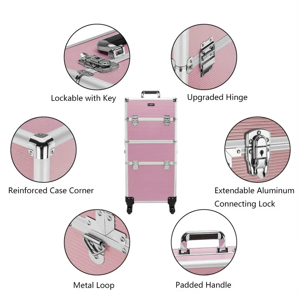 2-in-1 Rolling Makeup Train Case with Removable Wheels, Lockable Beauty Storage Luggage in Pink