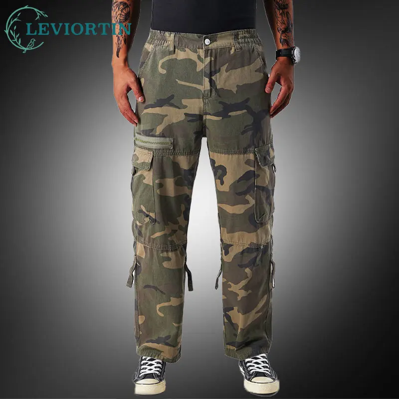 Men's Pure Cotton Camouflage Work Pants, Wear-Resistant Tactical Pants, Loose-Fitting Outdoor Hiking Pants with Multiple Pockets