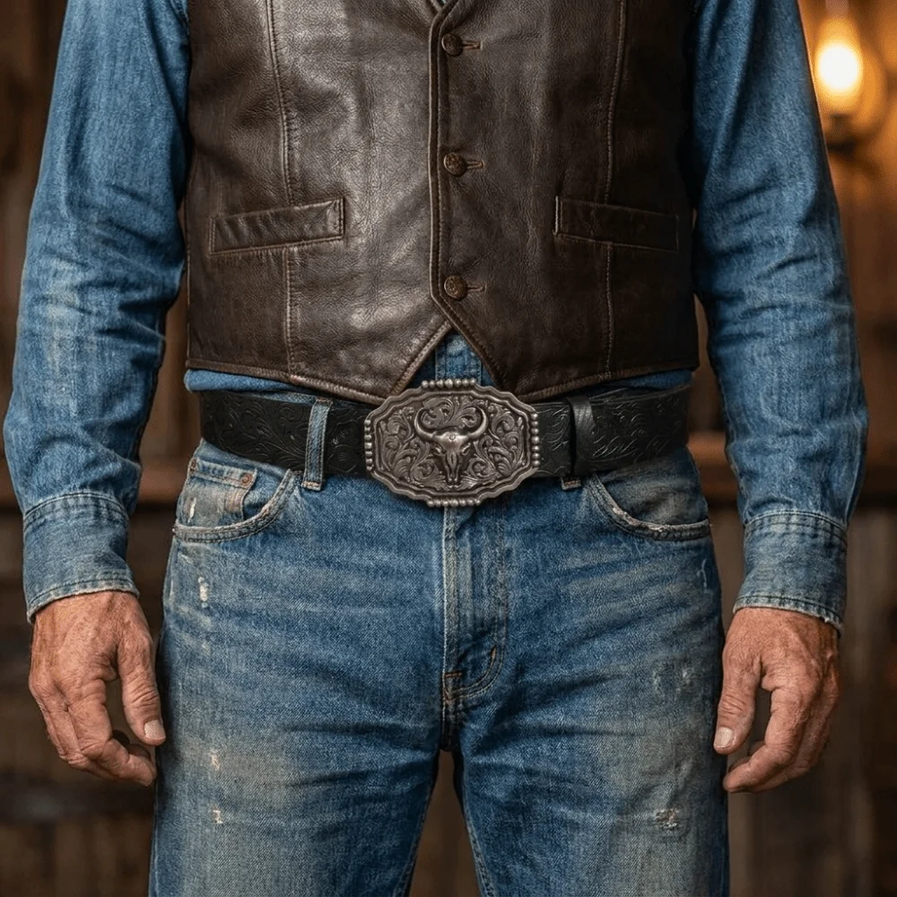Fashion PU Leather Western Cowboy Belt Embossed Luxury Design Business Casual Belt Trendy Brand Bull Buckle Belt for Men
