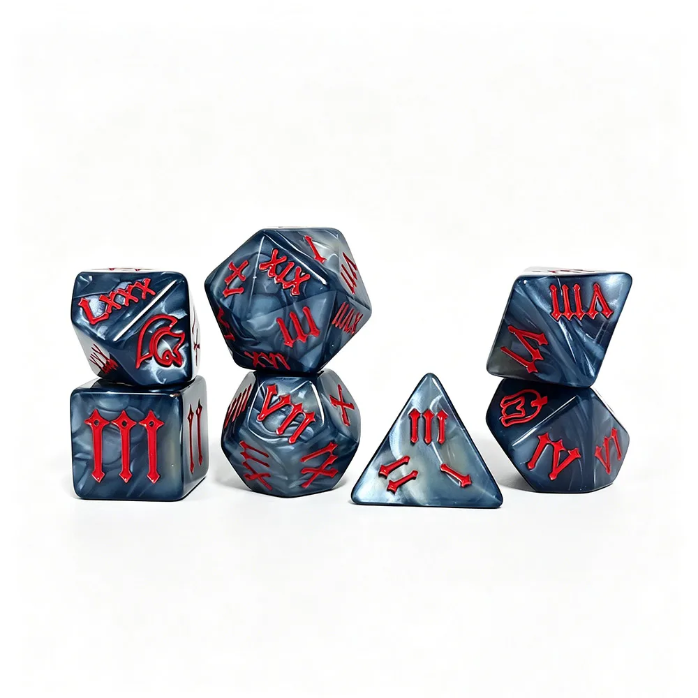 7PCS Gray Marbled Acrylic Polyhedral Dice, Red Gothic Roman Numeral DND Dice for Dungeons & Dragons TRPG Tabletop Role Playing