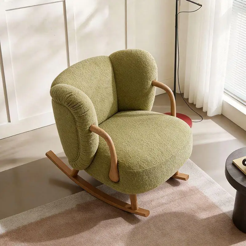 Cream wind single rocking chair, living room bedroom leisure, plush lazy chair, wooden armrests