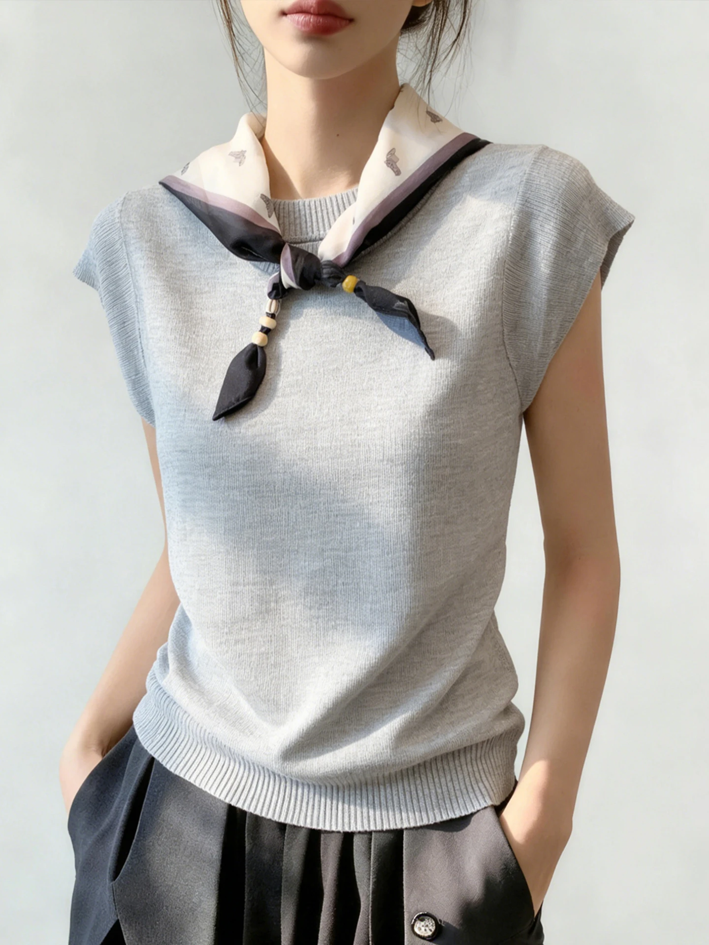 

Summer Women's Knitted Top Silk Scarf Tie Short Sleeve Sleeveless High-End Feel Commute Style Polyester Fiber round Neck T-Shirt