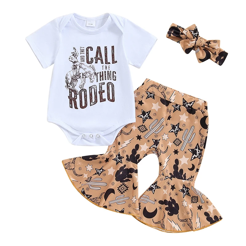 Baby Girls Summer Outfit Letter Print Short Sleeves Romper and Cactus Print Flare Pants Headband 3 Piece Clothes