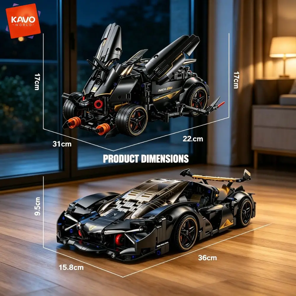KAVOWORLD 2 in 1 Transformable 2 Modes Supercar Building Blocks Set Black Gold Race Car Model 1248pcs Technology Sports Car Bricks Kit Collectible Speed Vehicle Adult Hobby Construction Toy STEM Display Home Desk Decor Halloween Christmas Gift for Teens