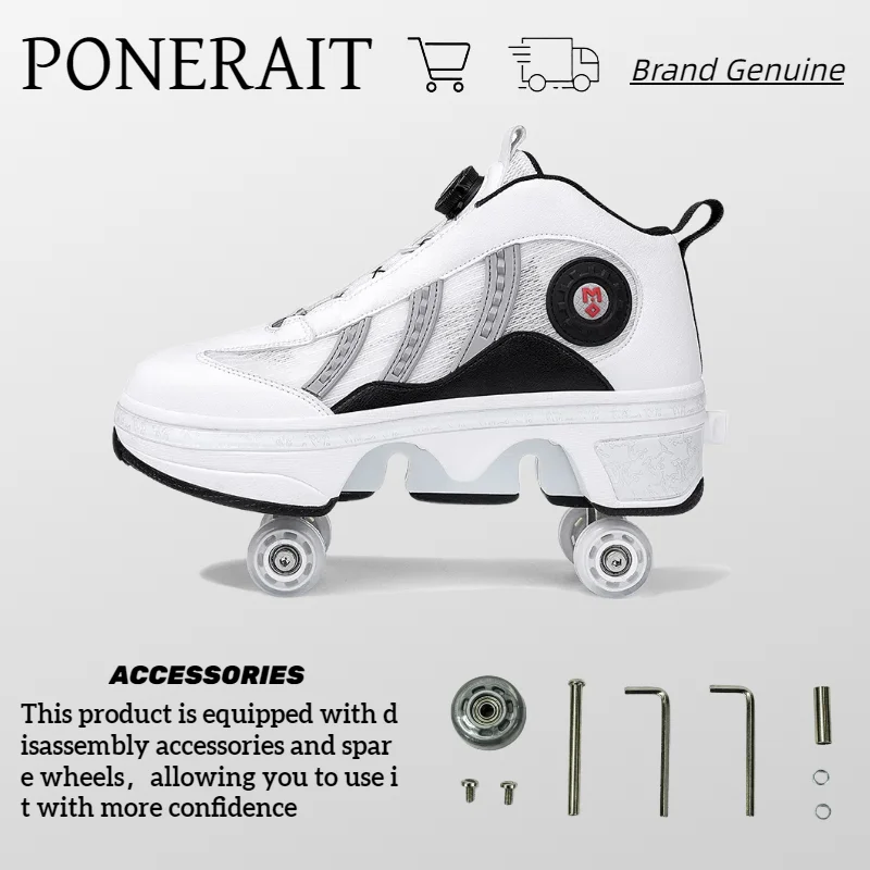 PONERAIT Double-Row Retractable Four wheels Roller Skate Shoe Outdoor Casual Fashion Sneaker Adult Children Walk Shoe