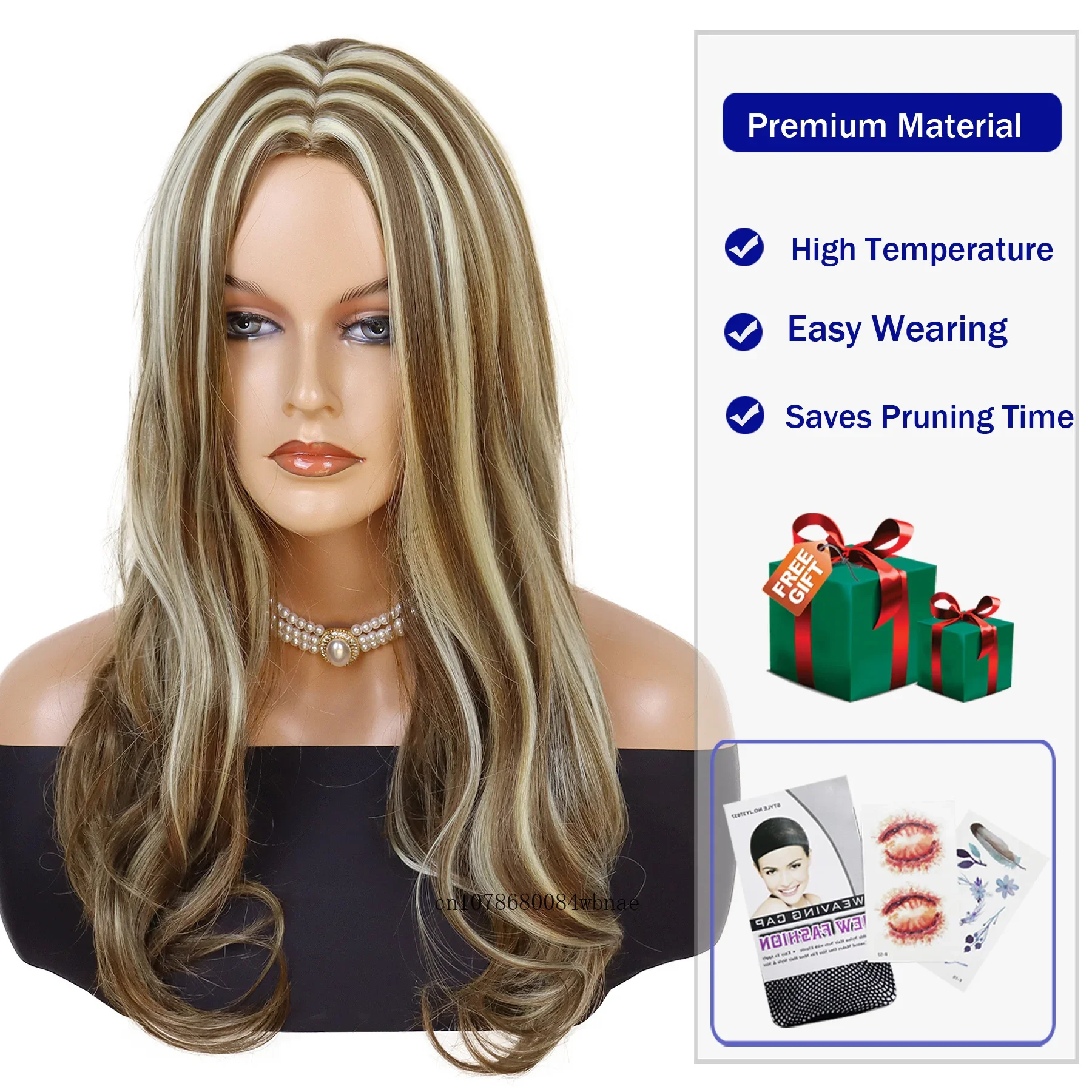 Synthetic Mix Brown Highlight Wig for Women Girls Long Curly Wigs with Bangs Daily Cosplay Party Heat Resistant Natural Looking