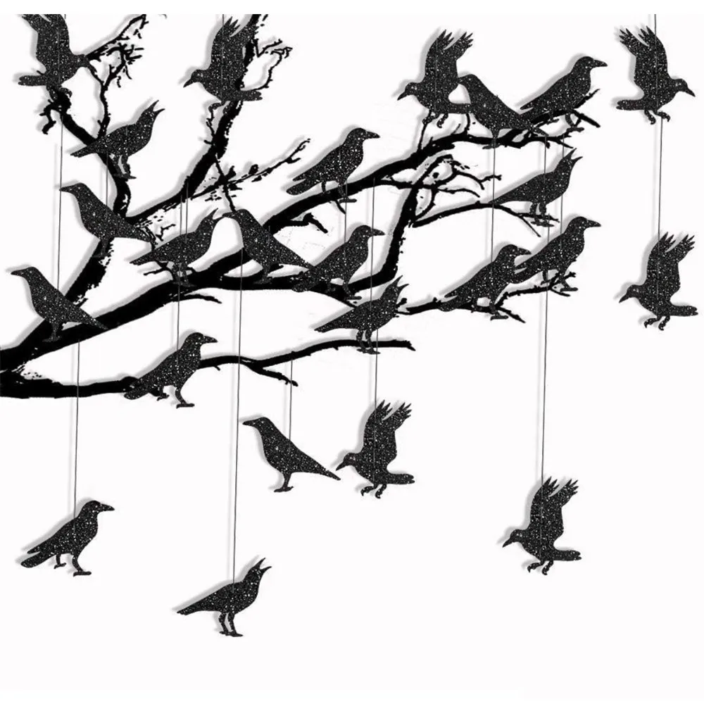 12pcs Dark Glittery Halloween Garland Lightweight Pack of 12 Black Crow Hanging Decor Double Sided Flat Pack