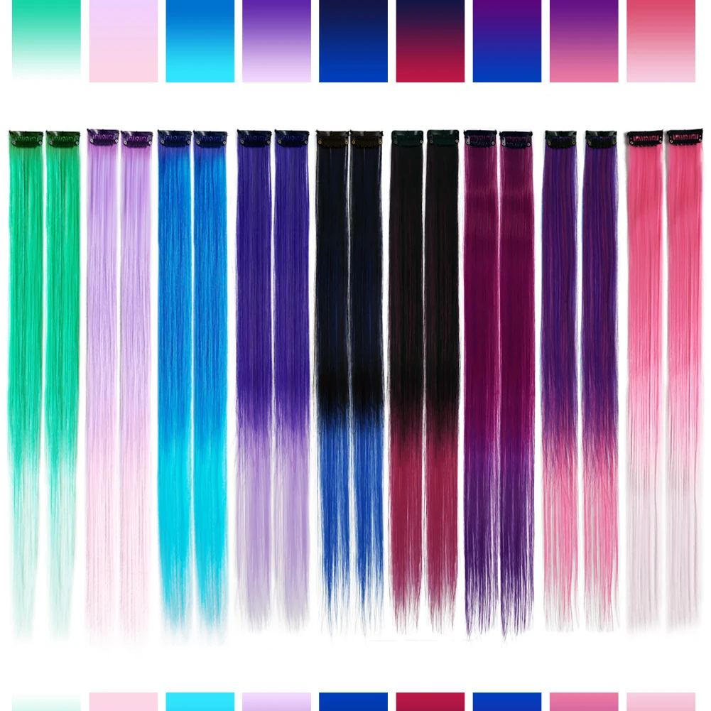 18 Colored Synthetic Ombre Clip In Hair One Piece Long Straight Rainbow 22 Inch Party Highlights Extensions For Women Kids Girls image 3