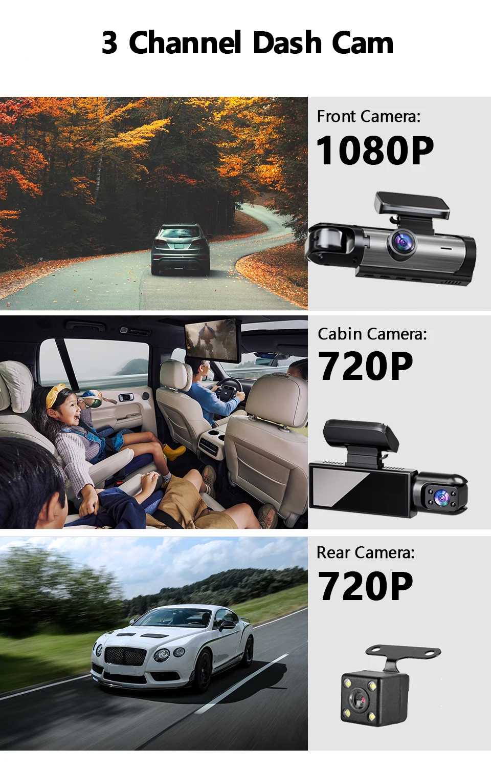 1080P Dashcam für Auto mit 2/3 Linsenoptionen, Vorder- und Rückfahrkamera sowie Innenraumüberwachung und Fahrrekorder – Detail 7