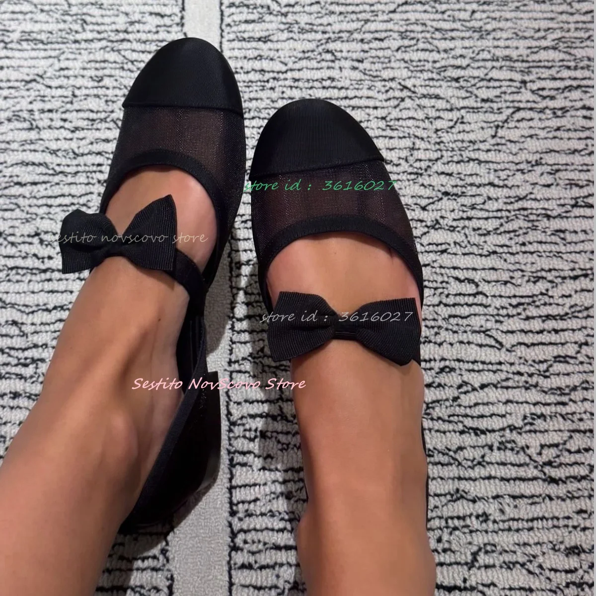 

Mesh Flat Ballet Shoes Round Toe Sandals Slip On Instep Straps Bow Decor Patchwork Shallow Summer Sweet Girl Fashion Ladies Shoe