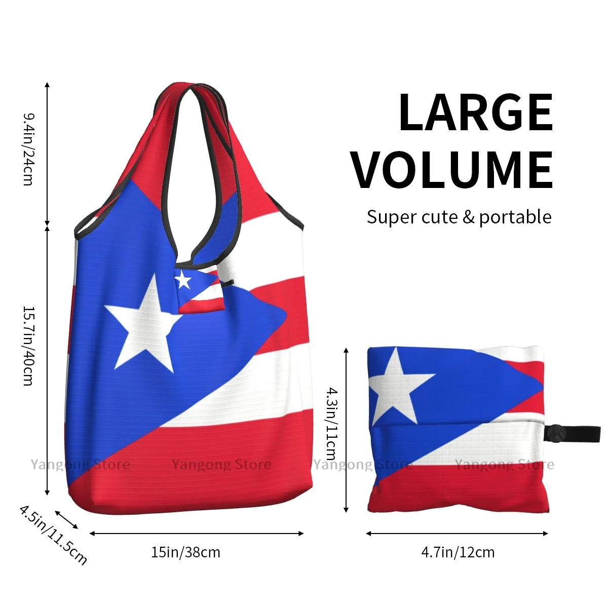 Folding Shopping Bag Puerto Rico Flag Reusable Portable Shoulder Handbag for Travel Grocery Pocket Tote