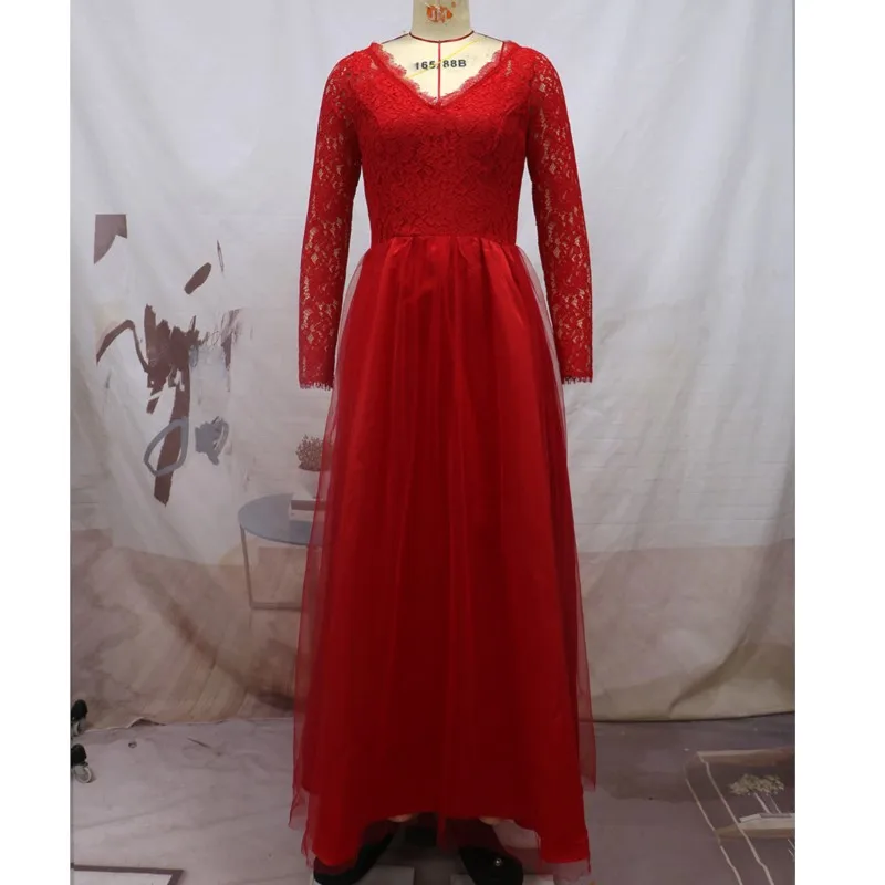 Maxivestidos formales rojos de encaje Floral para mujer, manga larga, elegante cuello en V, tul, fiesta de noche, vestido de dama de honor para invitados de boda