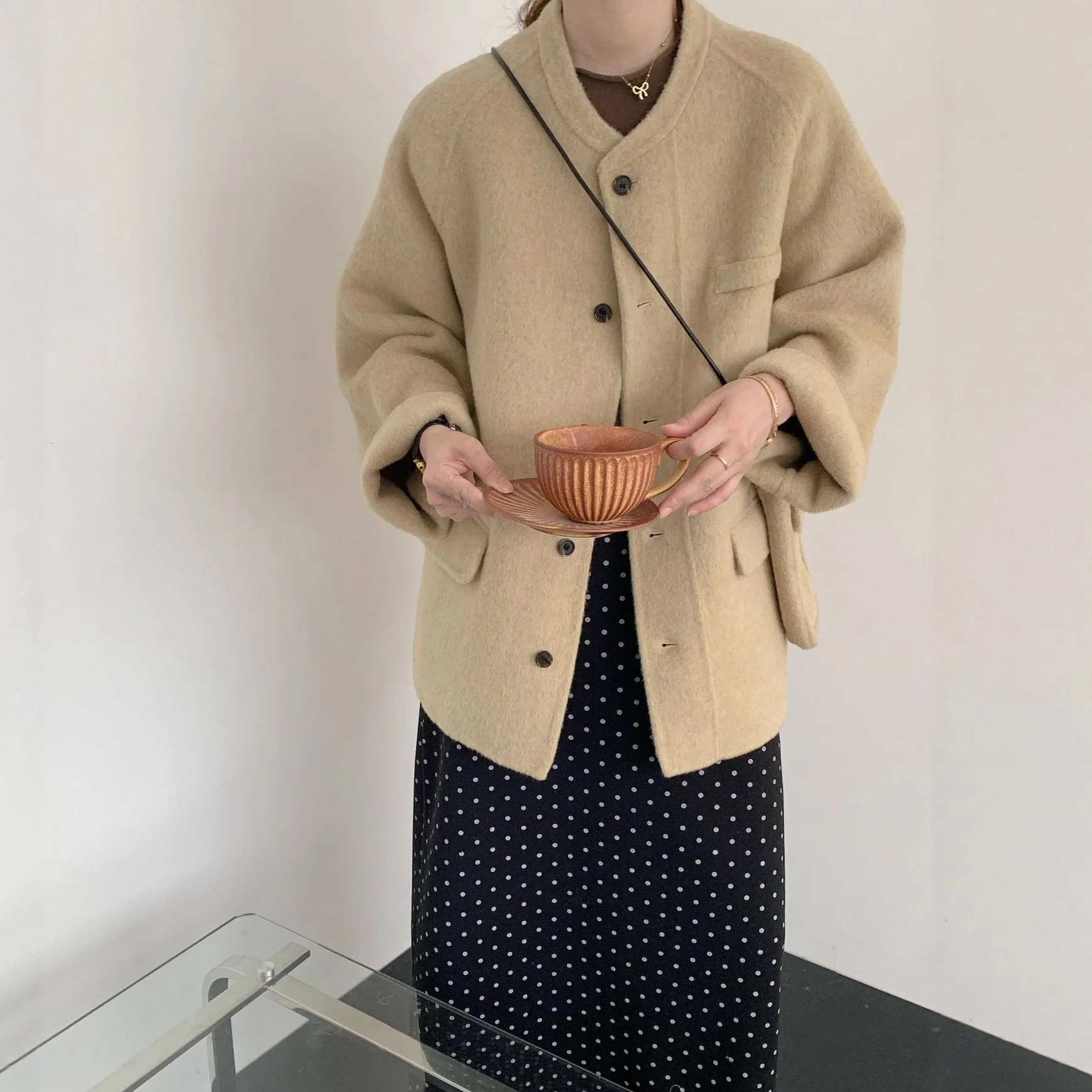 

Double-Faced Woolen Thiened Medium-Length Coat with Button for Women round Ne Korean Sle Small Feel Outerwear