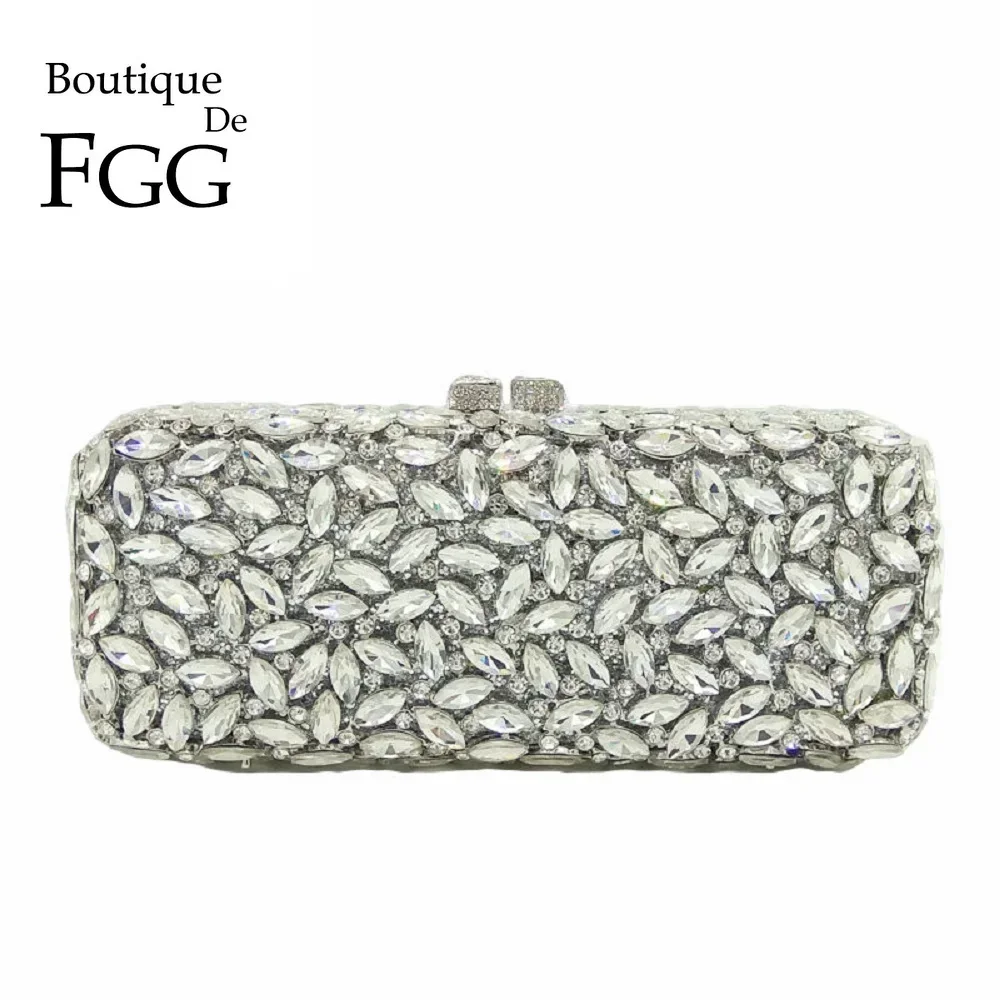 

Boutique De FGG (in stock) Women Silver Crystal Clutch Evening Bags Box Minaudiere Handbag Bridal Purse Wedding Party Clutches