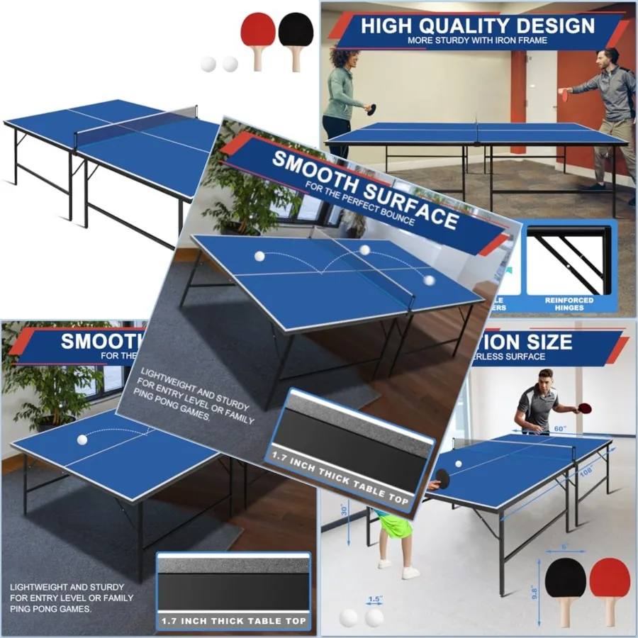 

Portable ping pong table for indoor use made of MDF wood blue color foldable design with quick assembly includes 2 paddles 2 ba