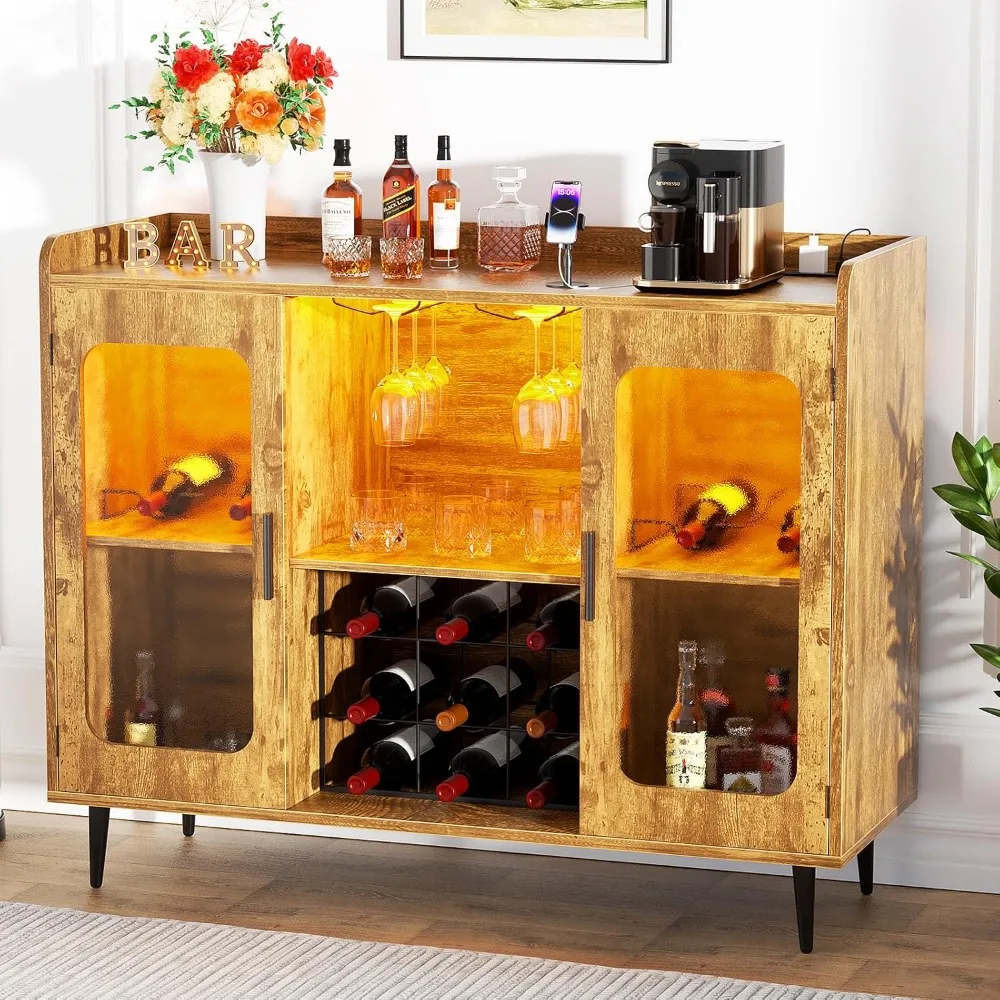

Liquor Cabinet Bar with Power Outlet & LED Light, Wine Bar Cabinet with Wine & Glasses Rack, Home Coffee Bar Cabinet,