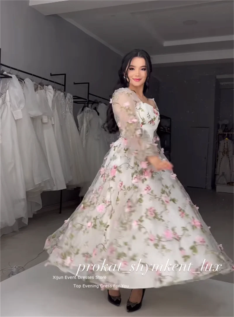 Xijun Tulle Elegant Evening Dress 3D Flowers Appliques Prom Dresses Wedding Party Dresses Long Sleeves Short Prom Gowns A-Line